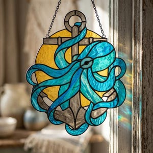 May include: A stained glass suncatcher featuring a blue octopus wrapped around a gray anchor, set against a circular yellow background. The piece is constructed with dark metal lead lines and includes a metal chain for hanging from a window frame.