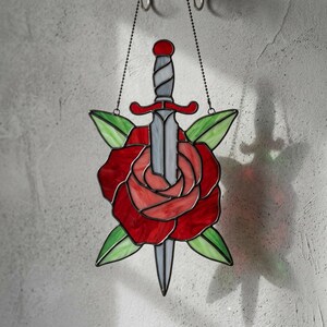 Sword and Rose Flower Stained Glass Pattern – Suncatcher Blade Design, Digital Download
