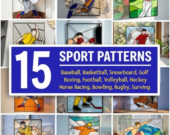 15 Sports Stained Glass Bundle, Suncatcher Pattern Collection, Athlete Window Hanging Templates