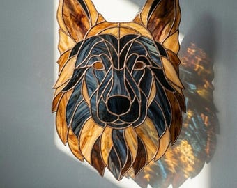 Acchiappasole in vetro colorato con pastore tedesco a pelo lungo, regalo per amanti dei cani, pannello artistico in vetro fatto a mano, decorazione da appendere alla finestra