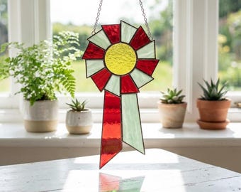 Acchiappasole a forma di rosetta in vetro colorato, decorazione artistica con nastro premio, decorazione in vetro rosso, bianco e giallo