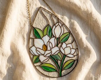 Stained Glass Magnolia Suncatcher Pattern | Beginner Flower Panel Template (Printable DIY Craft)