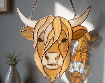 Acchiappasole in vetro colorato con mucca delle Highlands, decorazione rustica da appendere alla finestra in stile fattoria, decorazione boho fatta a mano,