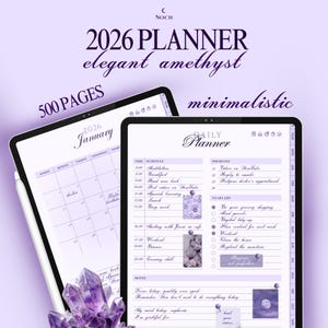 Agenda digitale AMETHYST 2026 | iPad e Goodnotes, minimalista, lavanda, con link ipertestuali, giornaliera, mensile + modelli, per ADHD e neurodivergenti, 500 pagine