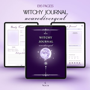 Może przedstawiać: Trzy tablety wyświetlają cyfrowy dziennik "Witchy Journal neurodivergent" o 136 stronach. Fioletowa okładka centralnego dziennika przedstawia ilustrację pełni księżyca. Dziennik zawiera sekcje na codzienne karty i afirmacje.
