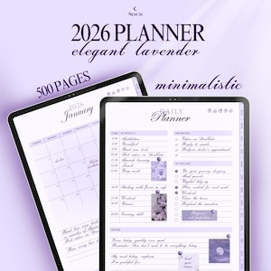 Agenda digital 2026 para iPad y Goodnotes, minimalista, color lavanda, con hipervínculos, con plantillas diarias, semanales y mensuales, neurodivergente, 500 páginas