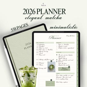 May include: A 2026 digital planner in matcha green with 558 pages. The interface displays a daily schedule, priorities, a to-do list, and notes section. The text includes 2026 PLANNER, elegant matcha, minimalistic, DAILY PLANNER, and various task entries.