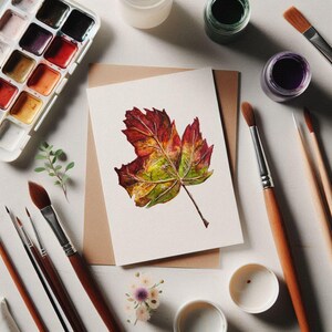 Cartão de aquarela de outono | Folha colorida | Cartão de felicitações em branco | Pintado à mão | Para impressão