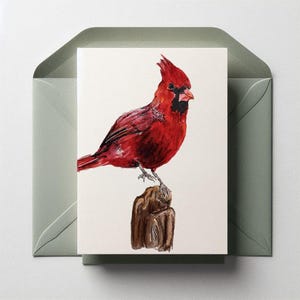 Cartão de Natal em aquarela | Pássaro cardinal vermelho | Cartão de felicitações em branco | Para imprimir