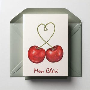 Cherry Valentine&#39;s Day Printable Card | Mon Cheri | Blank Card | Hand Painted Watercolor Design