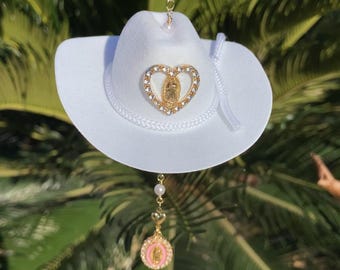 Virgin Mary Cowboy Hat Car Charm – Religious Gift, Heart and pearls chain