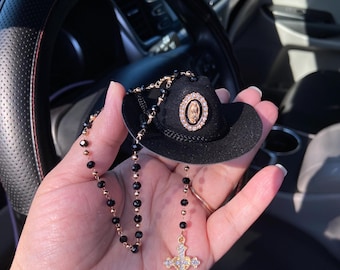 Faith Charm - cowboy hat with Virgin Mary charm and rhinestone trim, Cross hanging charm