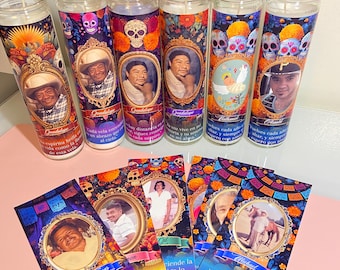 Pegatina de vinilo personalizada con vela del Día de los Muertos, pegatinas conmemorativas del Día de los Muertos, etiquetas personalizadas con foto y nombre