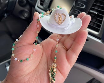 St. Jude Car Charm, Velvet Sombrero, Catholic Car Rosary, Heart Virgen Marry pendant
