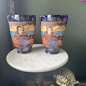Exquisite Vintage Japanese Satsuma Moriage Vases - Cobalt Blue