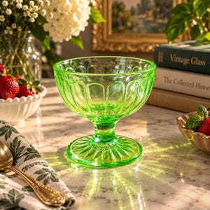 Può includere: Una vivace coppa da dessert in vetro verde lime con base a piedistallo e dettagli a coste verticali lungo l'esterno. La coppa presenta un ampio bordo smerlato e una base circolare con un motivo a raggiera, realizzata in vetro traslucido.
