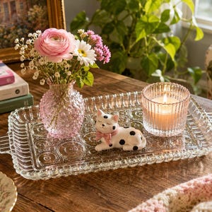 May include: A rectangular clear glass tray with a textured pattern and side handles. On the tray sits a small pink textured glass vase with pink and white flowers, a white ceramic cat figurine with black spots and a pink bow, and a lit candle.