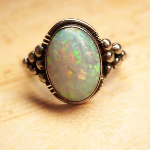 Reserved for Coll LARGE Stone Opal Modernist Ring Gorgeous colors size 7 3/4 vintage sterling silver jewelry