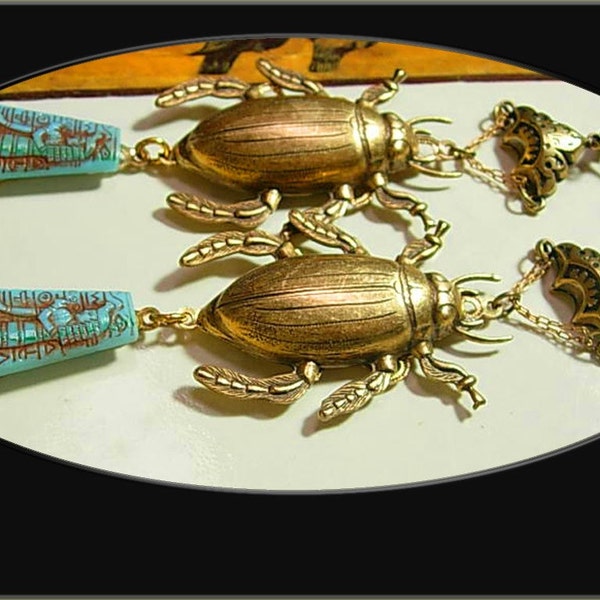 Bizarre Scarab Egyptian revival Glass 5INCH LONG Insect sarcophagus Figural chandelier earrings