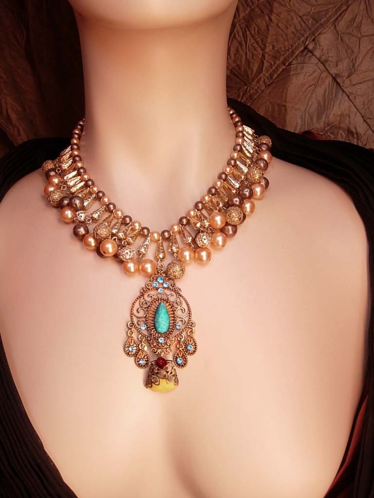 Vintage Pearl Festoon necklace Rhinestone filigree pendant bib Etsy