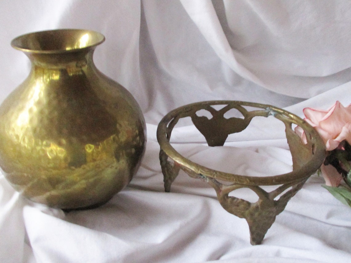 Vintage Brass Hammered Vase With Brass Stand Vintage Brass Etsy