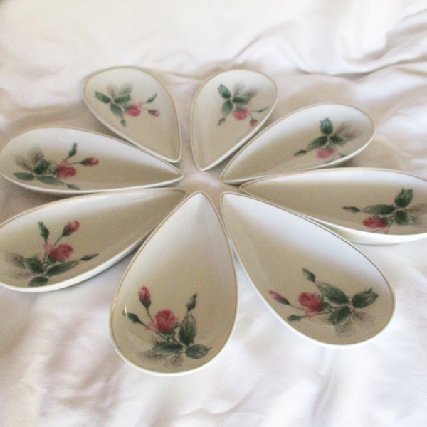 Vintage Rosenthal German Puzzle Schale White Teardrop Moss Rose Nut Dish Set Eight Original Labels Stamps Home and Living Party Set