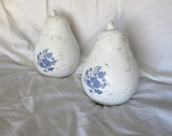 Blue and White Decoupage Heavy Terracotta Pear Set 2 Upcycled Vintage Clay Pears Home and Living Accent Decor Rustic Farmhouse Blue / White