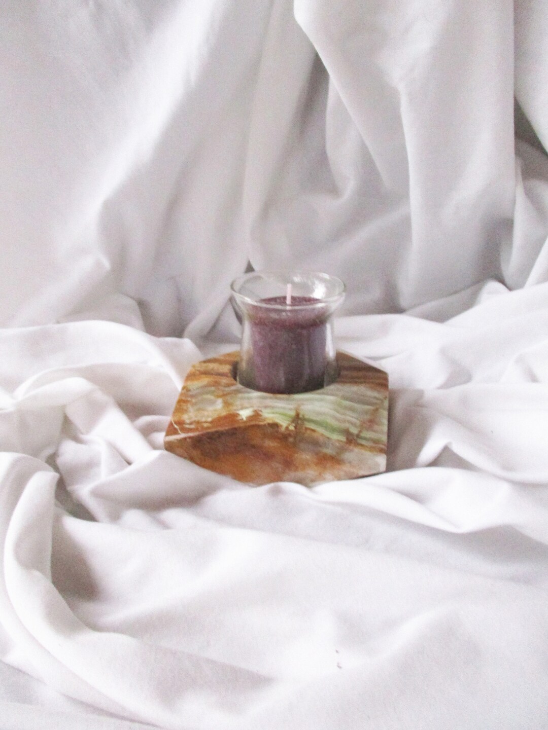 Vintage Cut Faceted Onyx Votive Stone Candle Holder & Glass Candle