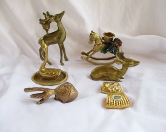 Vintage Brass Assorted Figurines Accents Gifts Decor Home and Living Accents Buck Deer Goldfish Doe Deer Rocking Horse Swan Dish Scarf rings