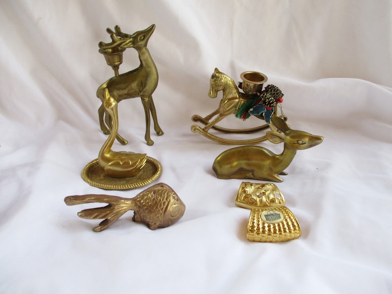 Vintage Brass Assorted Figurines Accents Gifts Decor Home and Living Accents Buck Deer Goldfish Doe Deer Rocking Horse Swan Dish Scarf rings image 1