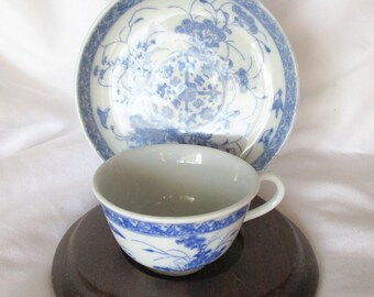 Vintage Blue and White Demi Cup and Saucer With Vintage Wooden Stand Vintage Import Asian Florals Vintage Accent Display Set