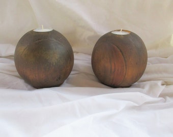 Vintage Solid Wood Recycled Post Ornament Round Candle Holder Set Two Waxed Lustre Home and Living Vintage Candle Accent Holders
