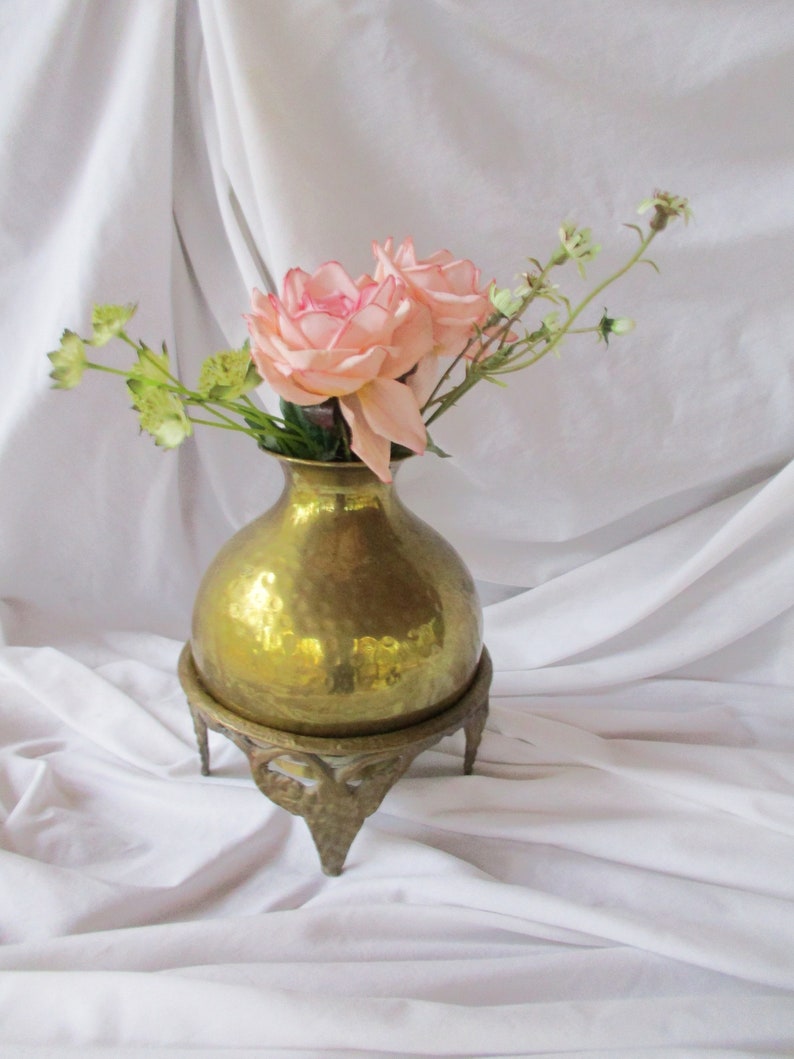 Vintage Brass Hammered Vase With Brass Stand Vintage Brass Etsy
