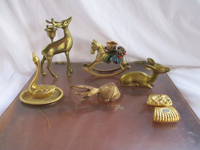 Vintage Brass Assorted Figurines Accents Gifts Decor Home and Living Accents Buck Deer Goldfish Doe Deer Rocking Horse Swan Dish Scarf rings image 10