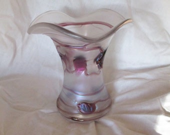 Vintage Blown Glass Scalloped Rim Frosted Lavendar / Purple Swirl Spotted Cane Vase Vintage Handmade Home and Living Accent Vase Thick Glass