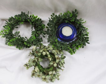 Handmade Candle Wreaths Set Three Boxwoods Faux Dried Vine Votive Sizes or Stackable For Pillar Handmade Home and Living Gifting Accents