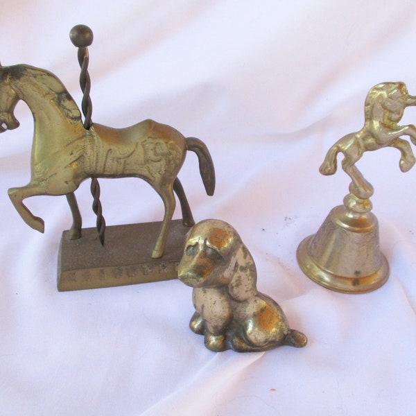Vintage Brass Animal Collection Trio Home and Living Accents Vintage Unicorn Carousel Dog Collection Childs Room Shelf Sitter Accents