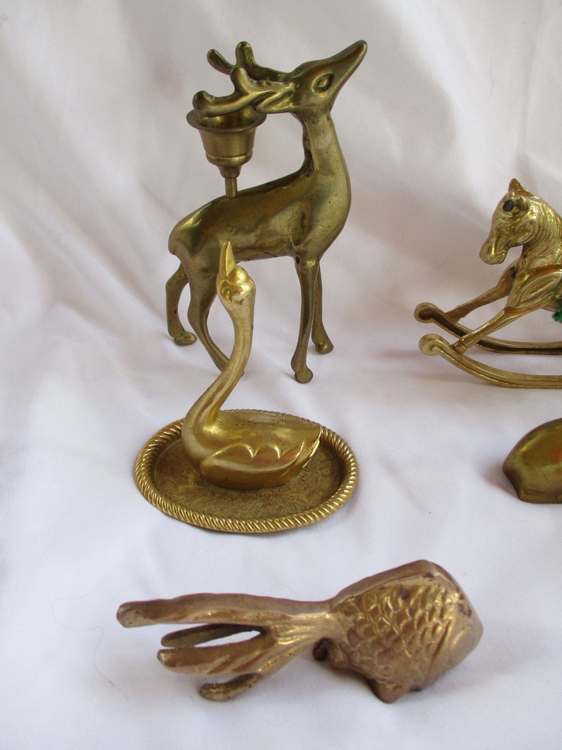 Vintage Brass Assorted Figurines Accents Gifts Decor Home and Living Accents Buck Deer Goldfish Doe Deer Rocking Horse Swan Dish Scarf rings image 9