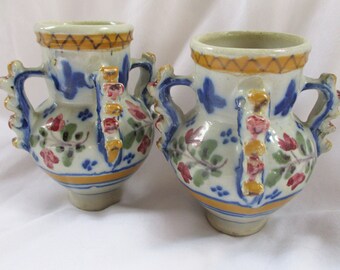 Vintage Art Pottery Four Arms Highly Decorated Floral Urn Style Bud Vase Set Hand Painted Heavy Pottery Unknown Maker Vintage Accent Vases