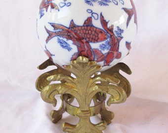SALE Vintage Brass Fleur de Lis Large Stand w/ Large ceramic Porcelain Koi Fish Carpet Ball Sphere Home and Living Vintage Display Accent