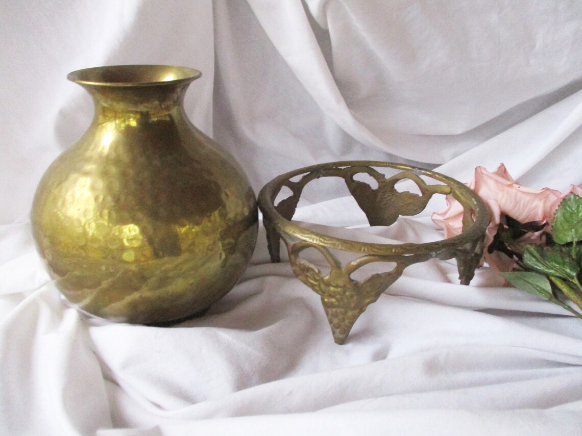 Vintage Brass Hammered Vase With Brass Stand Vintage Brass Etsy