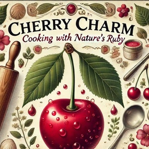 May include: A vintage-style illustration of a cherry with green leaves, surrounded by various culinary ingredients, including a rolling pin, a spoon, and a small bowl of red sauce. The text "CHERRY CHARM Cooking with Nature's Ruby" is displayed at the top of the image.