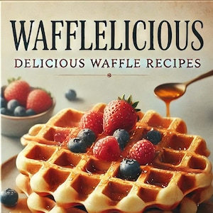 Puede incluir: Una pila de gofres dorados, cubiertos con arándanos, frambuesas y fresas frescas, rociados con jarabe de arce. Los gofres están en un plato gris con un fondo marrón claro. El texto "WAFFLELICIOUS DELICIOUS WAFFLE RECIPES" está en la parte superior de la imagen.