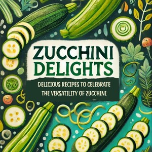 Puede incluir: Una portada de libro de cocina con el título "Zucchini Delights" en texto verde y blanco. La portada presenta un fondo verde con ilustraciones de calabacín, rodajas de calabacín y fideos de calabacín.