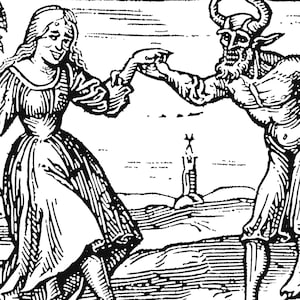 May include: A black and white woodcut illustration depicting a woman dancing with a devil. The woman is wearing a long dress and the devil has horns and a beard. The scene is set in a landscape with a tree and a small building in the background.