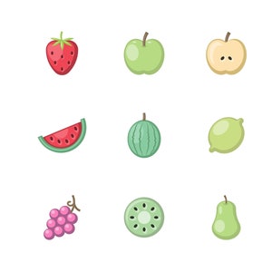 May include: A collection of colorful, cartoon-style illustrations of various fruits. The image includes a strawberry, apple, banana, cherries, watermelon, lime, lemon, orange, grapes, kiwi, pear, and pineapple.