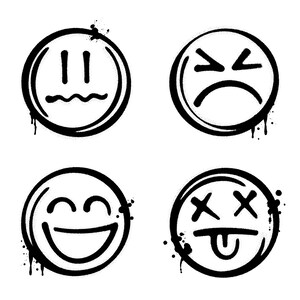 Set di emoji vettoriali di graffiti con vernice spray. Elementi di design con emoticon grunge e sporche. File digitali in formato EPS, JPG e PNG.