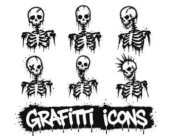 Set von Graffiti-Sprühfarben, Vektorsymbolen, Skeletten. Sammlung schmutziger und schmutziger Dekorationsdesign-Elemente. Digitale SVG-, JPG-, PNG-Datei.