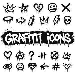 May include: Black and white graffiti icons, including crowns, stars, hearts, a skull, and an arrow. The word "GRAFITTI" is displayed in large, dripping letters. The icons have a spray paint effect.