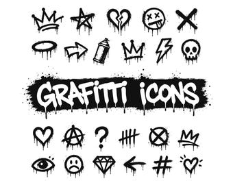 Set von Graffiti-Sprühfarben-Symbolen. Sammlung schmutziger und schmutziger Dekorationsdesign-Elemente. Digitale SVG-, JPG-, PNG-Datei.
